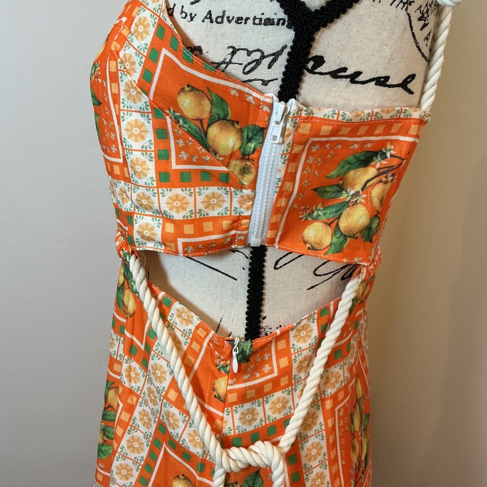 Unbranded Maxi Dress Orange Lemon Print Rope Straps Cut Out Back Small - Picture 7 of 9
